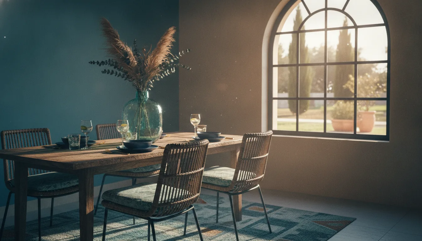 A sunlit vacation-rental dining nook set for guests