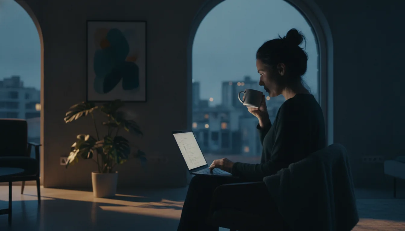 A short-term-rental host working calmly at a laptop by a bright window