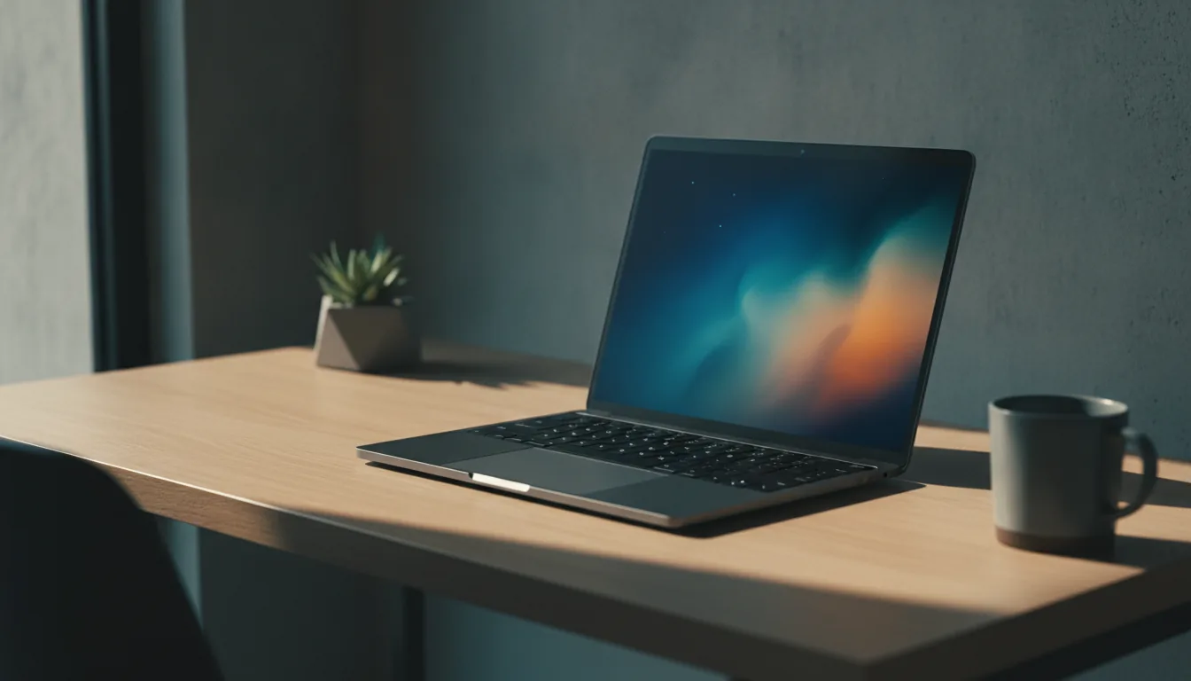 A sleek laptop open on a minimal desk in beautiful natural light