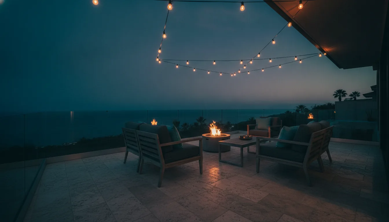 A vacation-rental patio with string lights and lounge chairs in the evening
