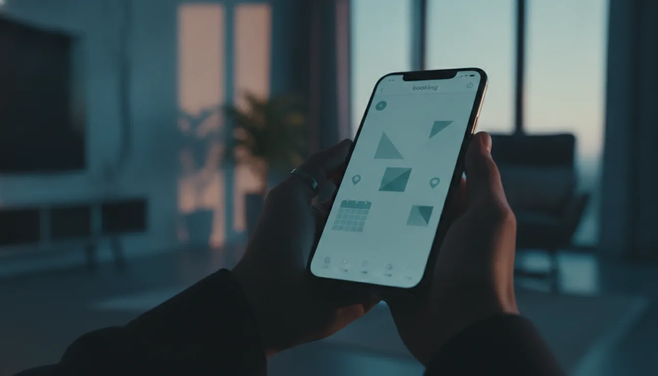 Close-up of hands holding a smartphone showing a clean booking app in a bright room