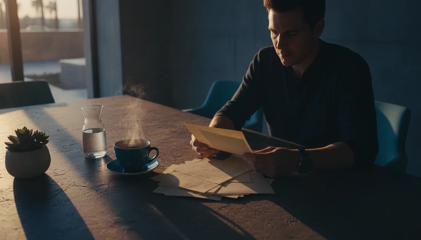 A host reviewing a few printed notes at a sunlit table with a coffee