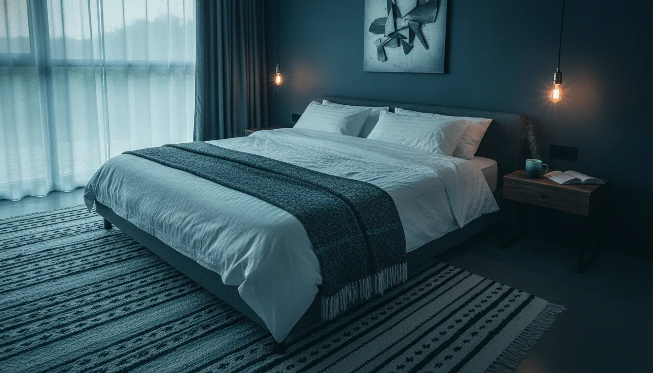 A cozy vacation-rental bedroom with crisp white linens and gentle light