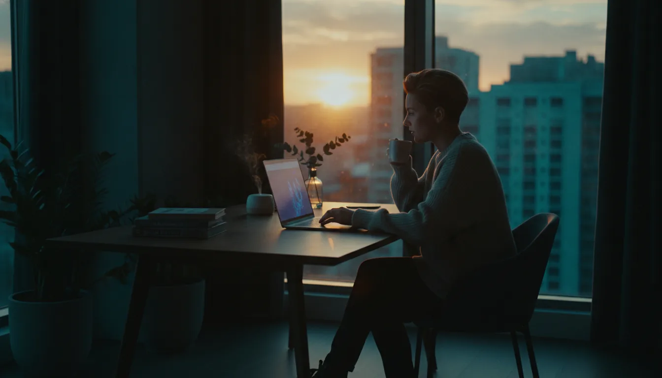 A short-term-rental host working calmly at a laptop by a bright window