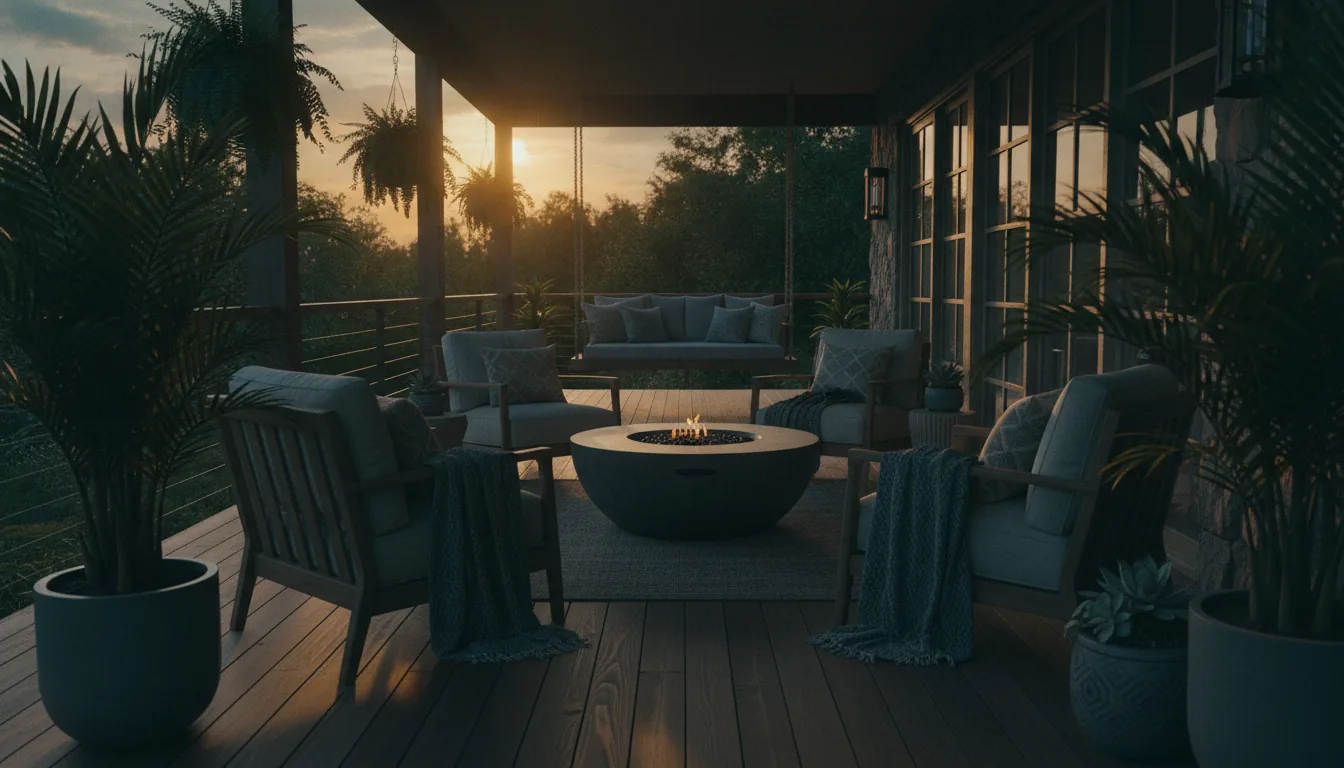 A charming vacation-rental porch with comfortable seating in soft afternoon light