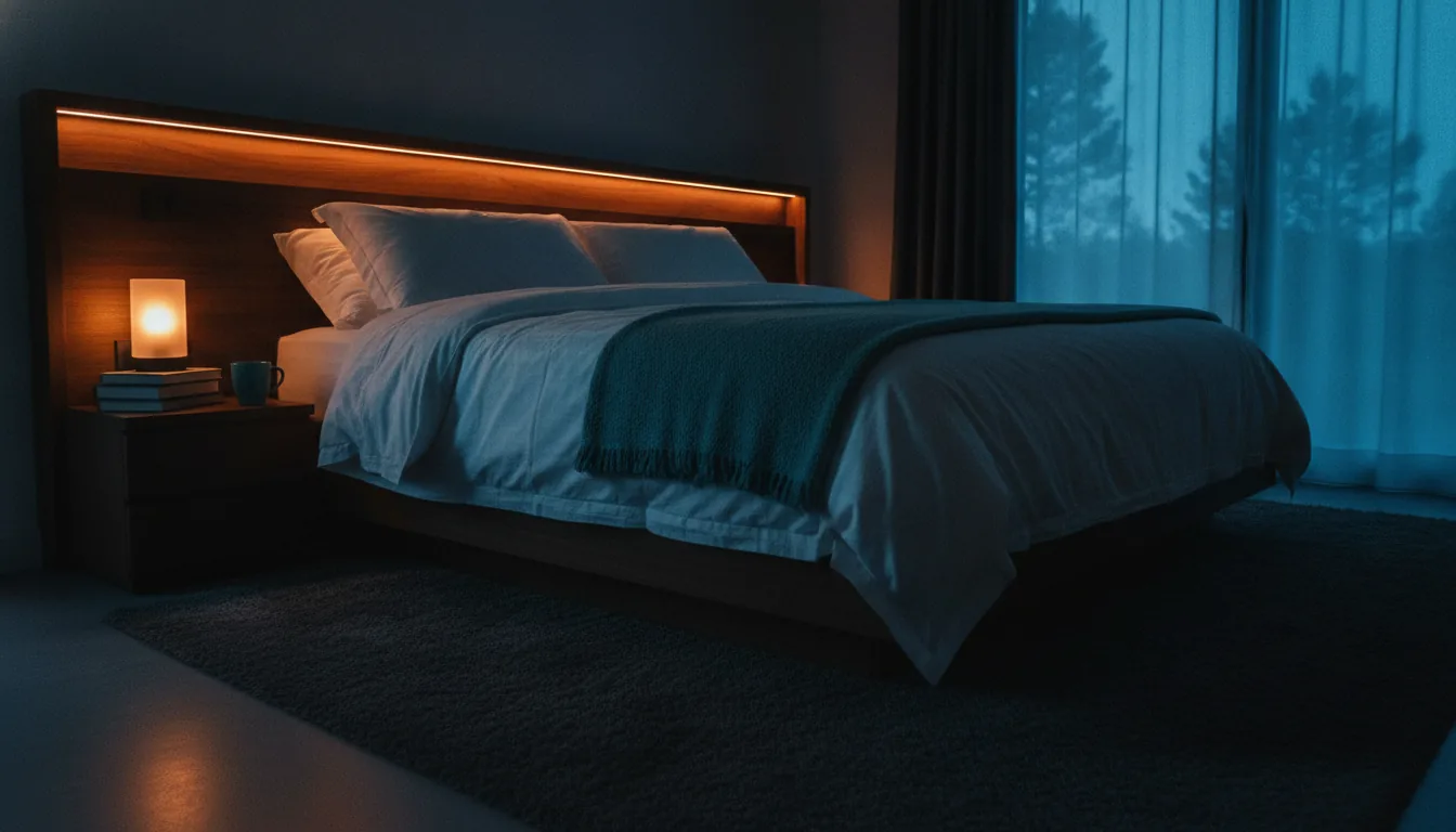 A cozy vacation-rental bedroom with crisp white linens and gentle light