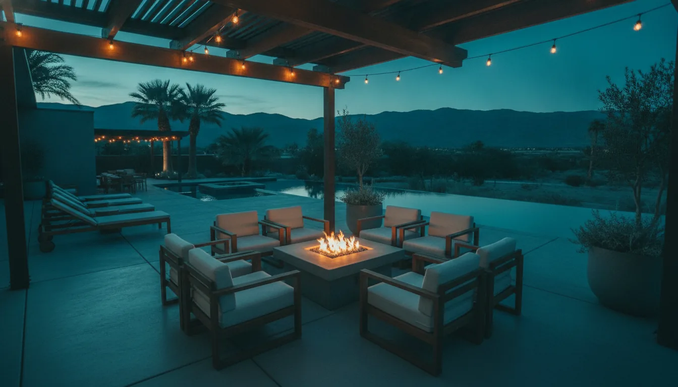 A vacation-rental patio with string lights and lounge chairs in the evening