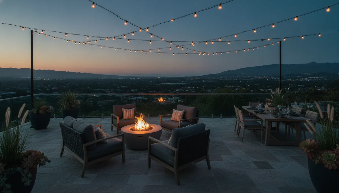 A vacation-rental patio with string lights and lounge chairs in the evening