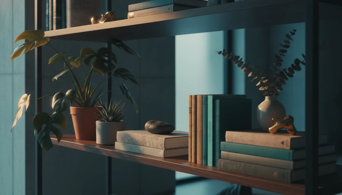 A tasteful detail of a styled rental shelf with plants and books in soft light