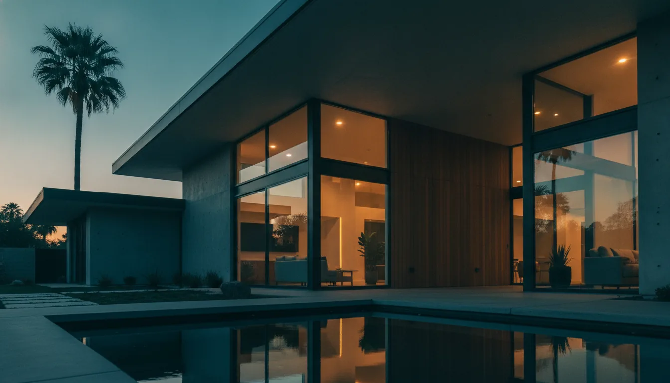 A welcoming modern vacation-rental exterior at golden hour with warm lit windows