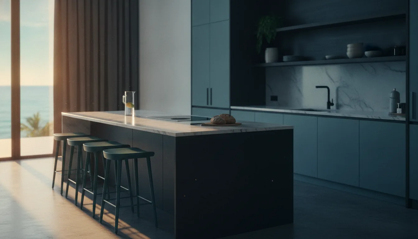 A stylish vacation-rental kitchen with clean counters and soft morning light