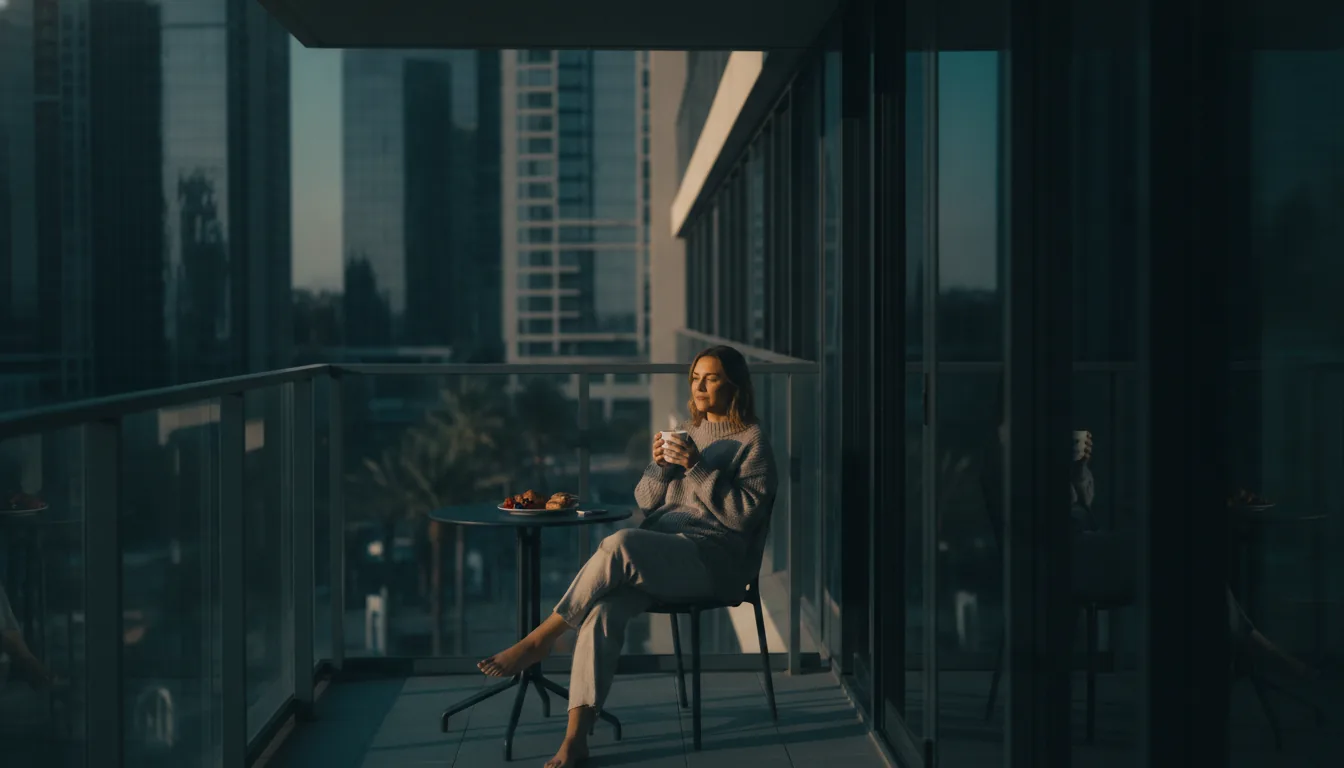 A guest enjoying morning coffee on a sunny rental balcony