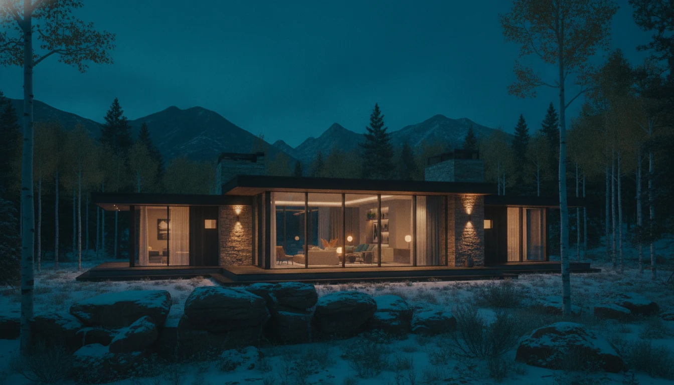 A modern mountain-west vacation cabin at blue hour with stone-and-timber architecture and warm interior lights