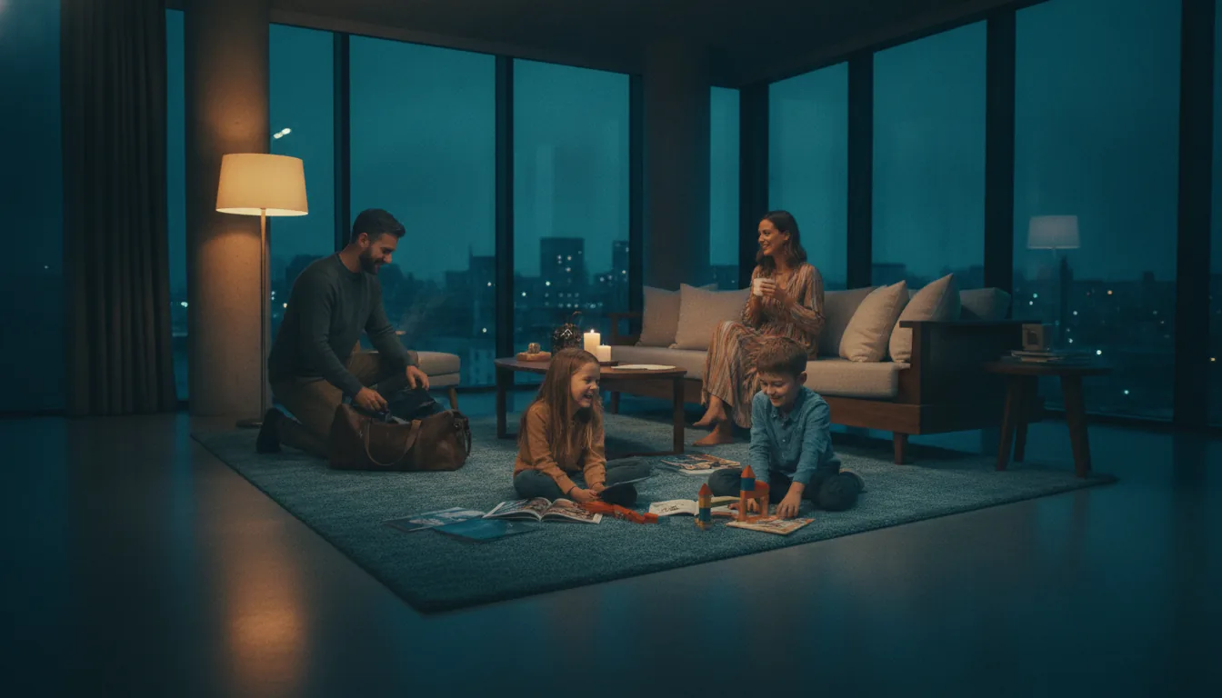 A family settling into a bright vacation-rental living room