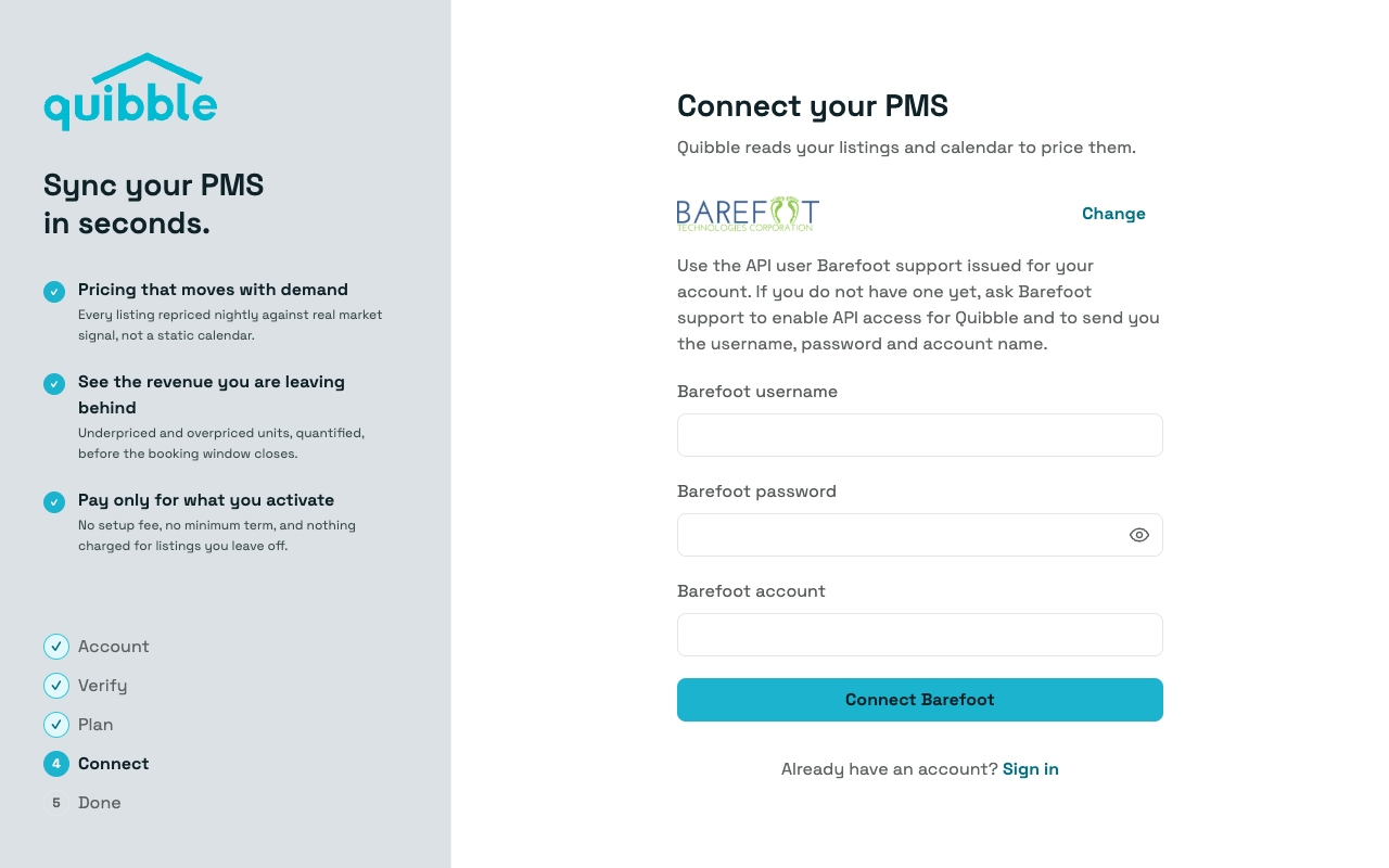 Entering Barefoot credentials in Quibble
