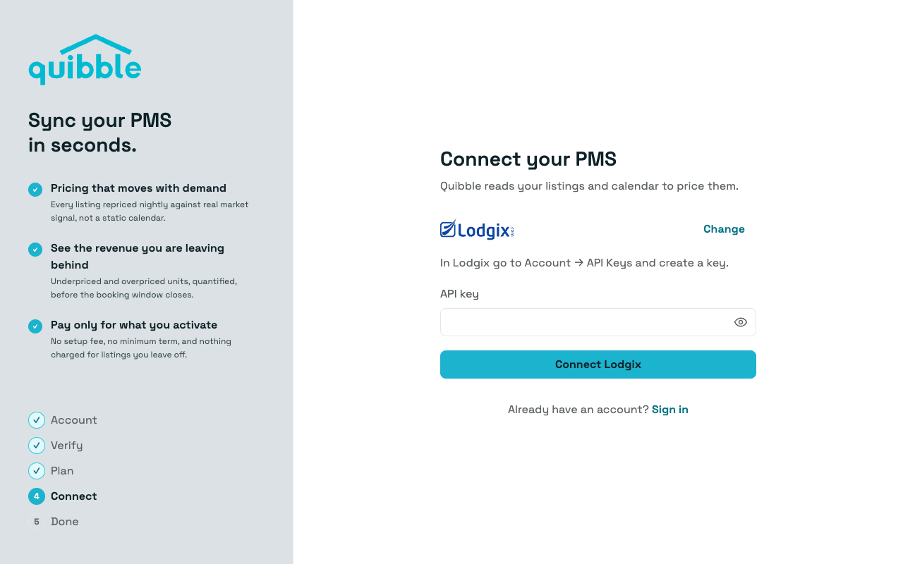 Entering the Lodgix API key in Quibble