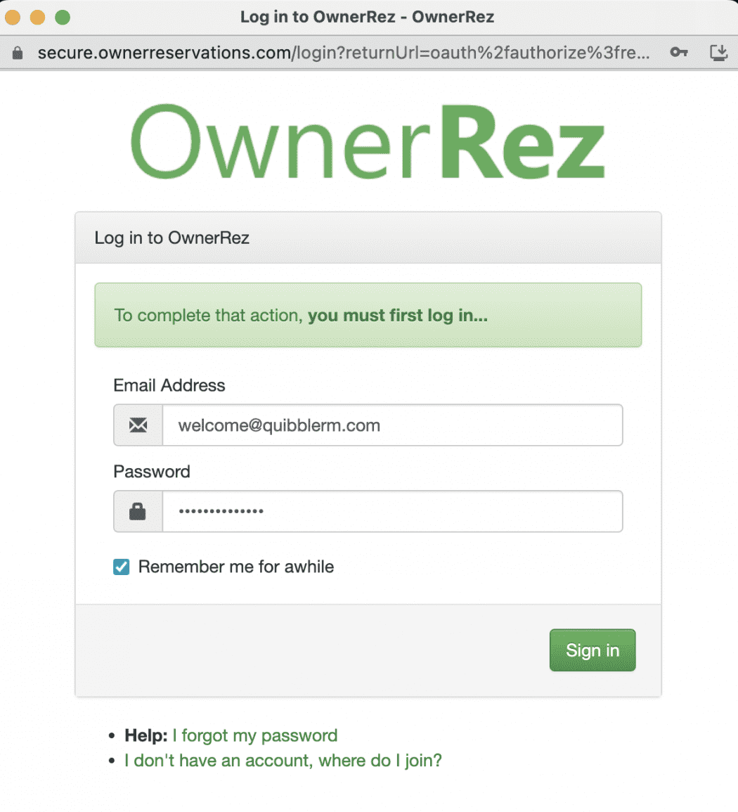 OwnerRez OAuth login window