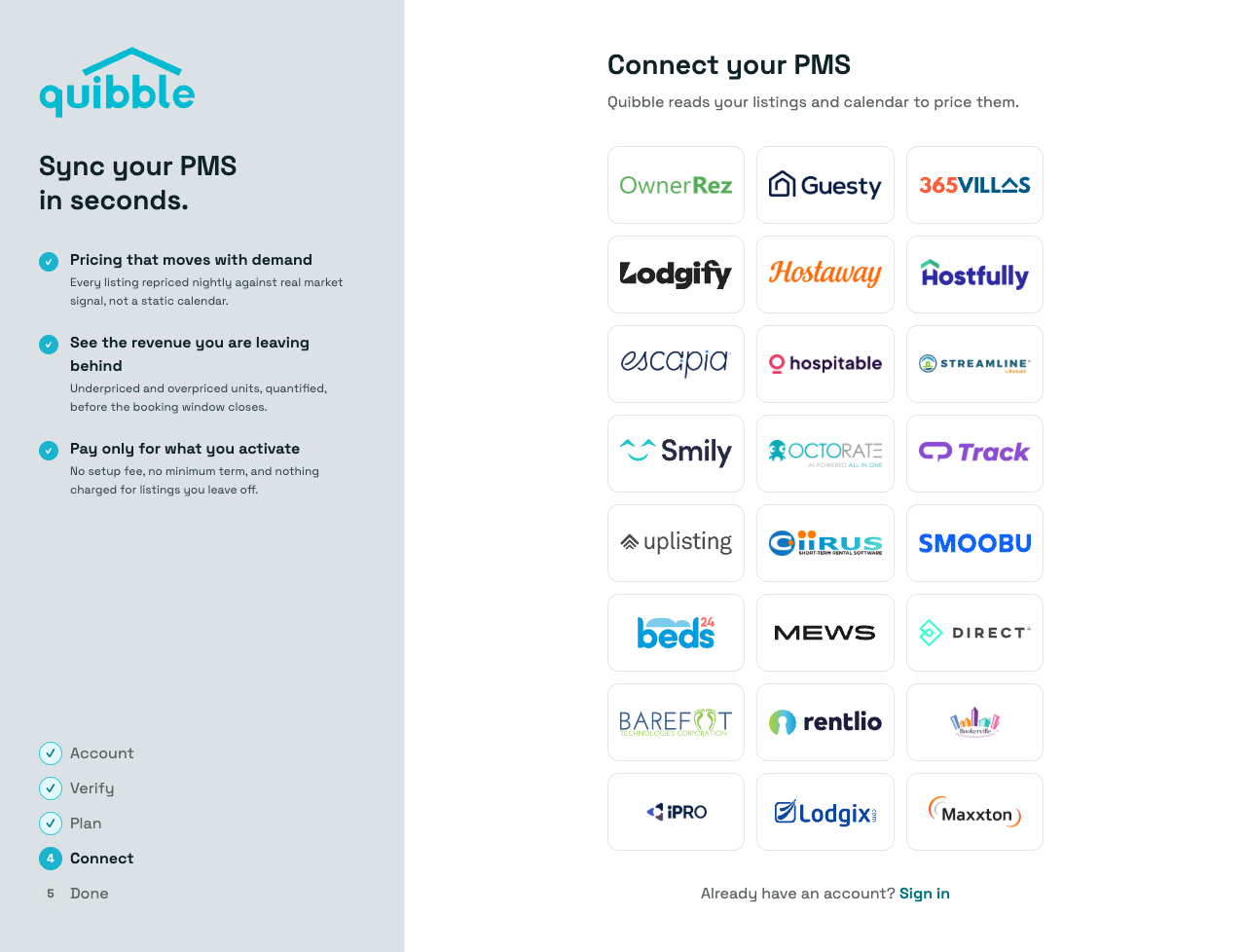 Choosing Hostfully on the Quibble Connect step