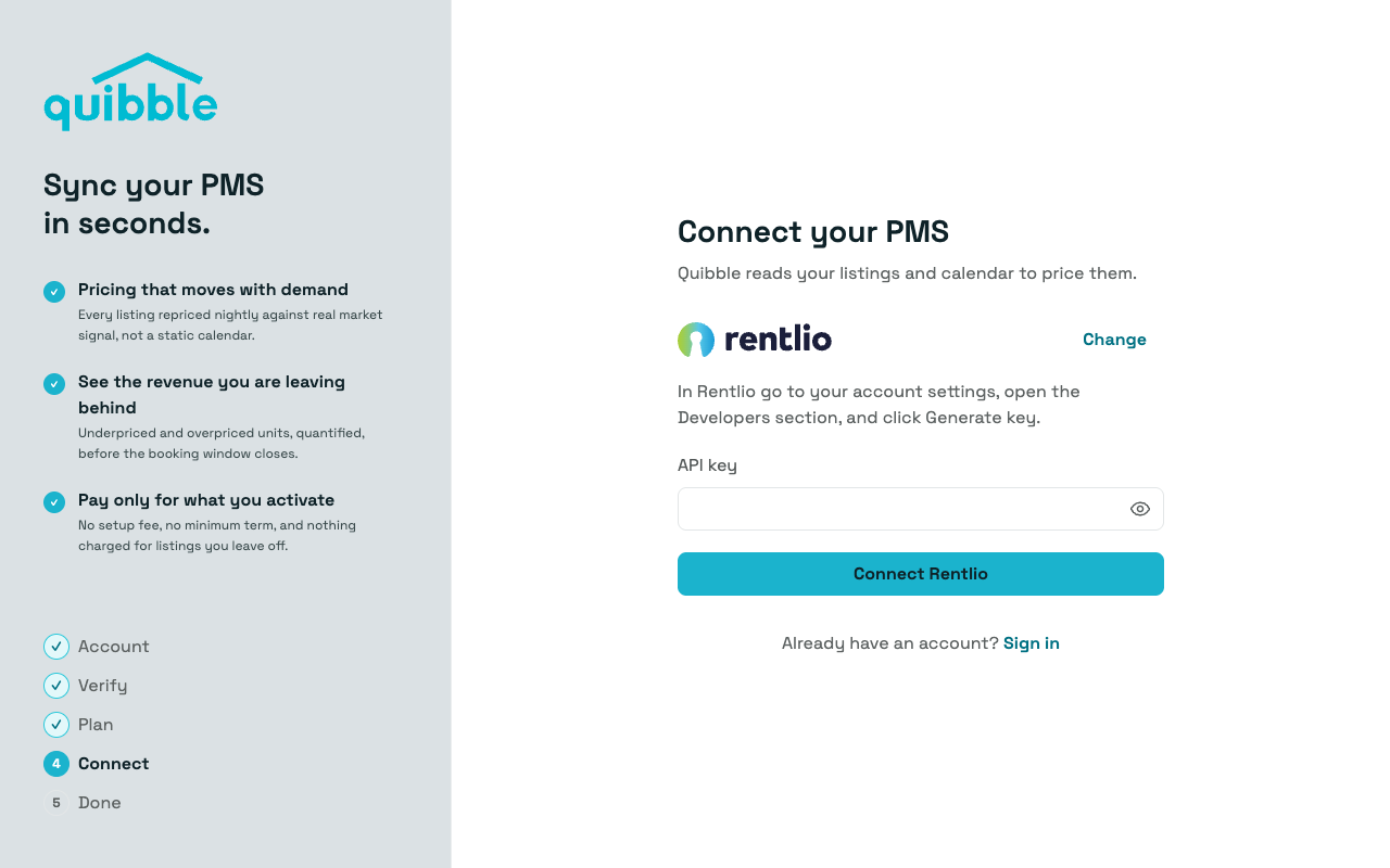 Entering the Rentlio API key in Quibble