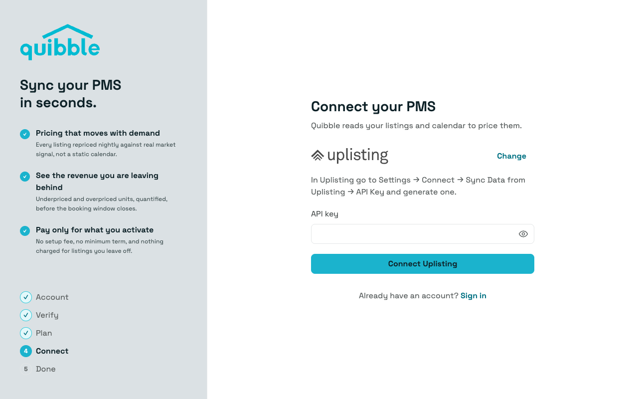 Entering the Uplisting API key in Quibble